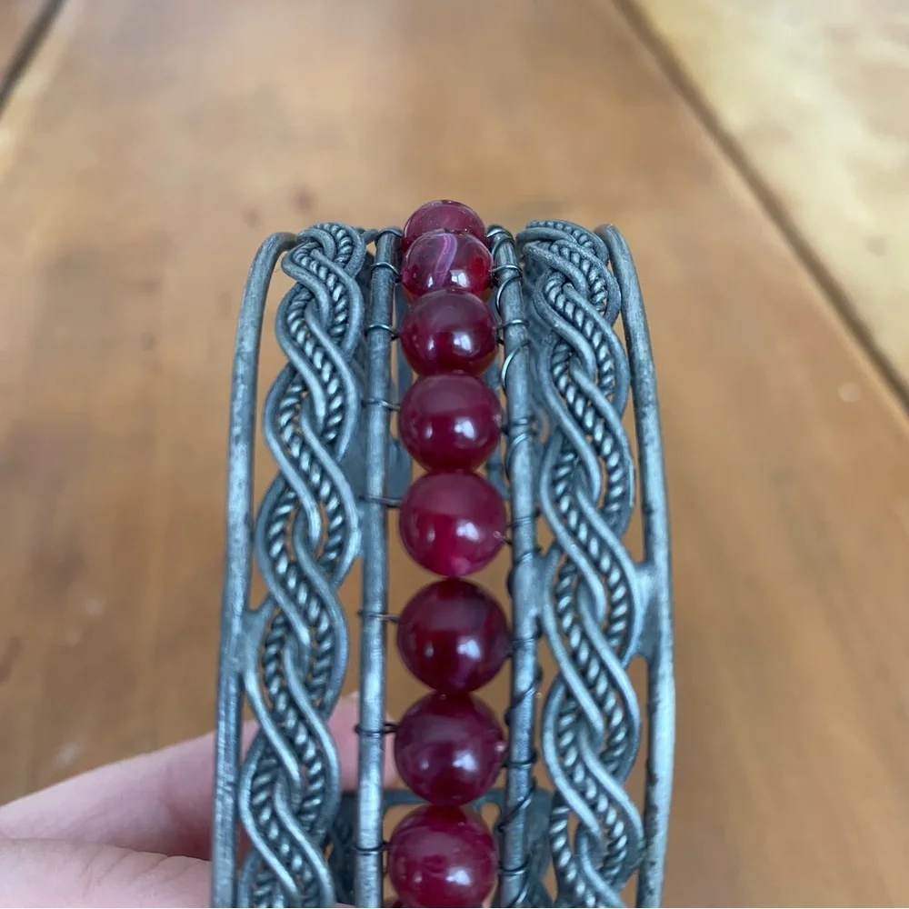 Silver Colored and Red Beaded Adjustable intricate Cuff Bracelet